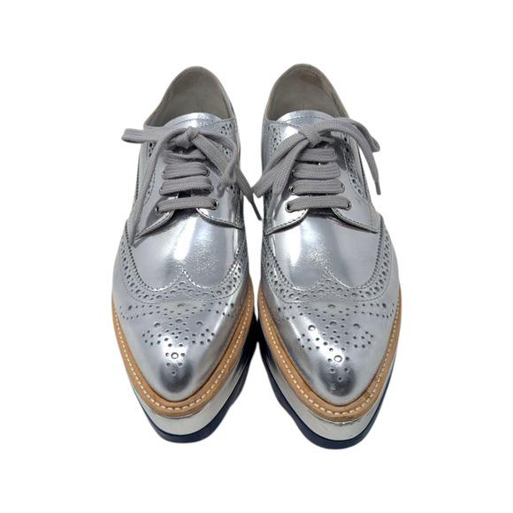 Prada Silver Leather Platform Oxford Brogues Wingtip Lace-Up Shoes 36.5 Designer - Picture 2 of 10